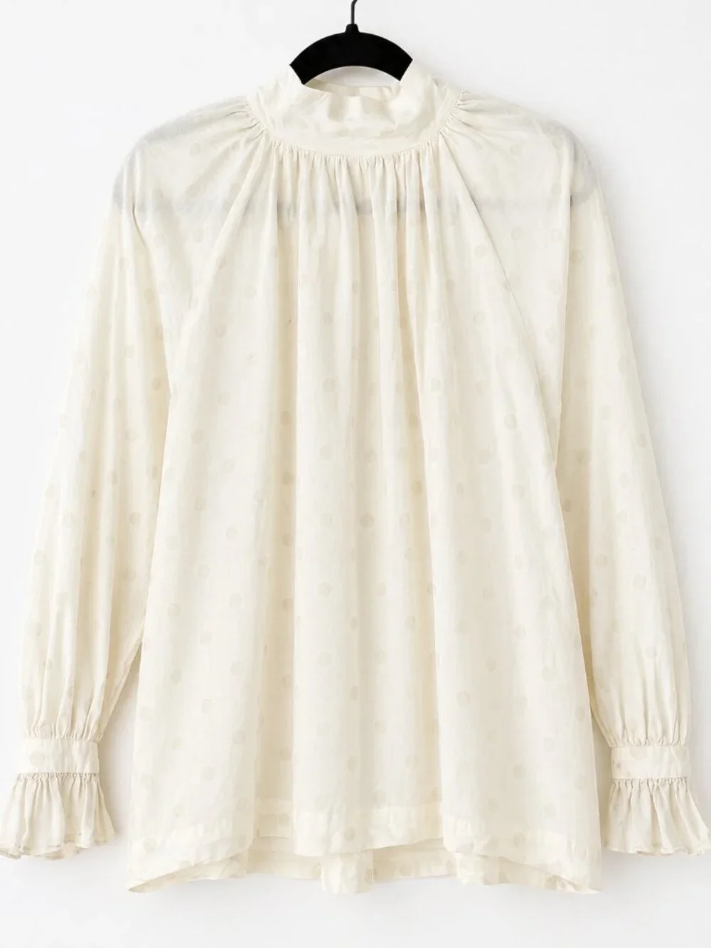 Magali Cotton Polka Dot Blouse High Neck Ruffle Sleeve Cream Japan - Picture 3 of 6